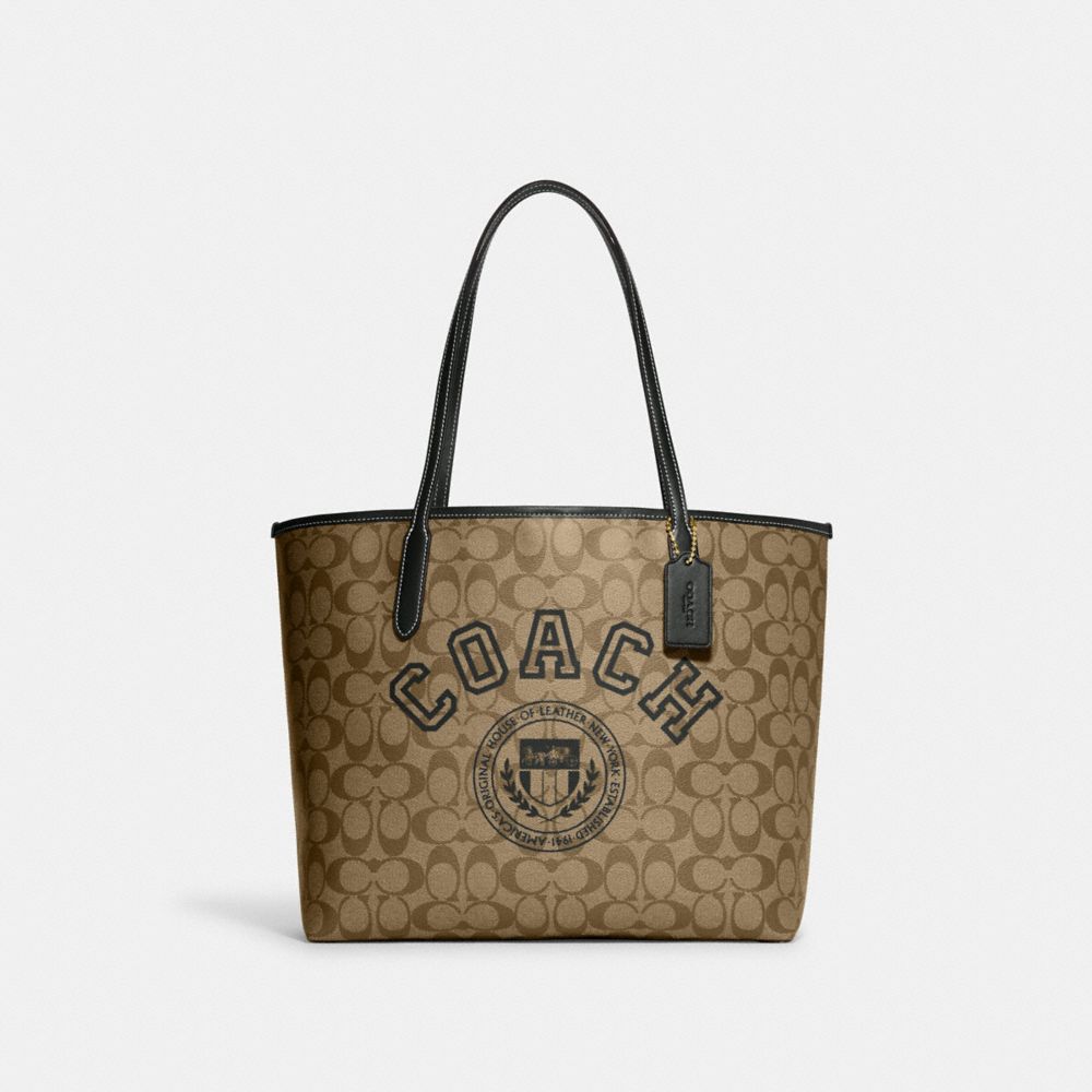 City Tote In Signature Canvas With Varsity Motif - CB869 - Gold/Khaki/Amazon Green