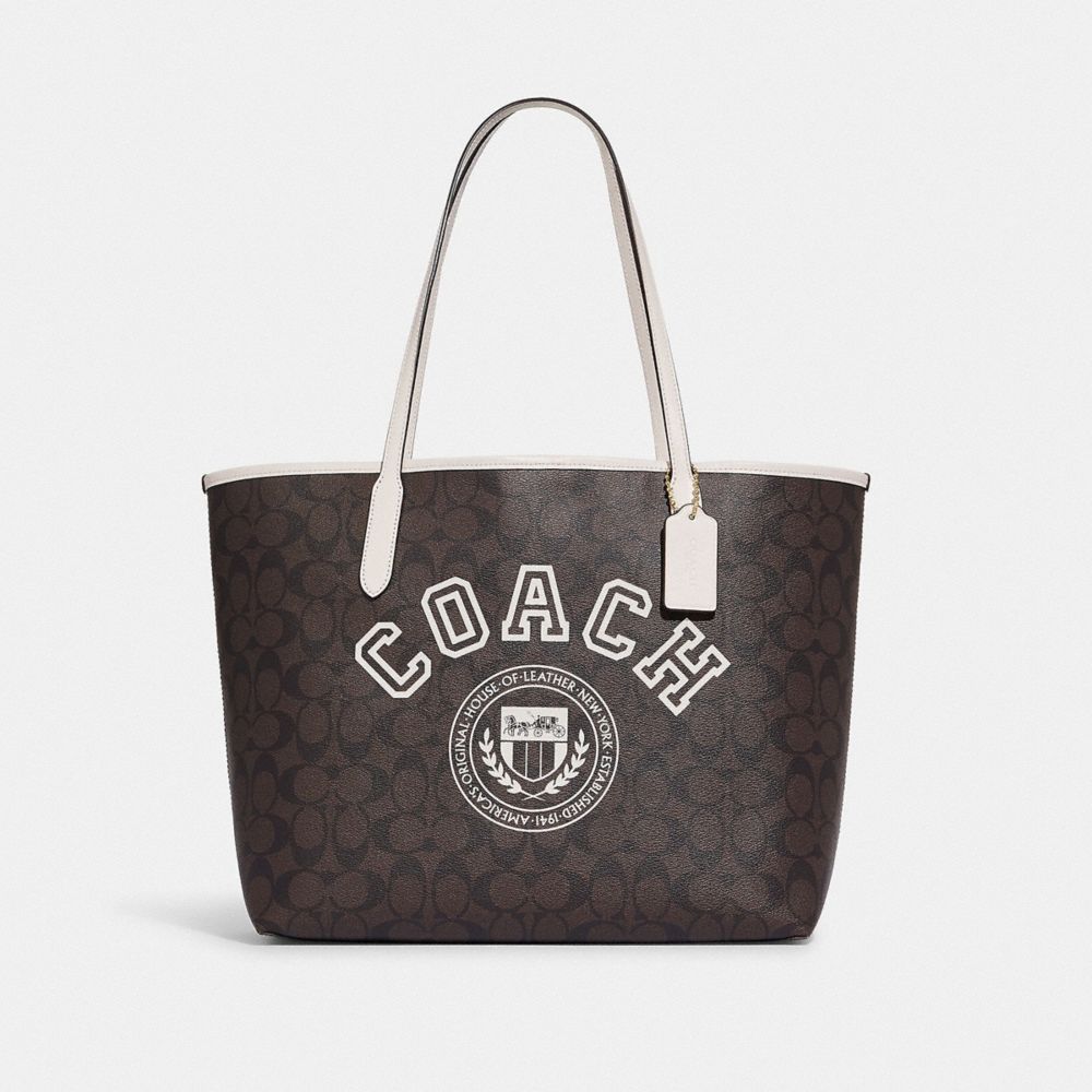 COACH CB869 City Tote In Signature Canvas With Varsity Motif Im/Brown/Chalk Multi