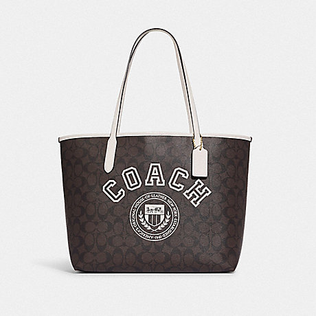 COACH CB869 City Tote In Signature Canvas With Varsity Motif Im/Brown/Chalk-Multi