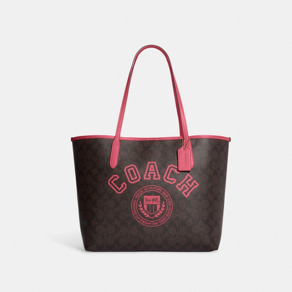 COACH CB869 City Tote In Signature Canvas With Varsity Motif IM/Brown/Watermelon