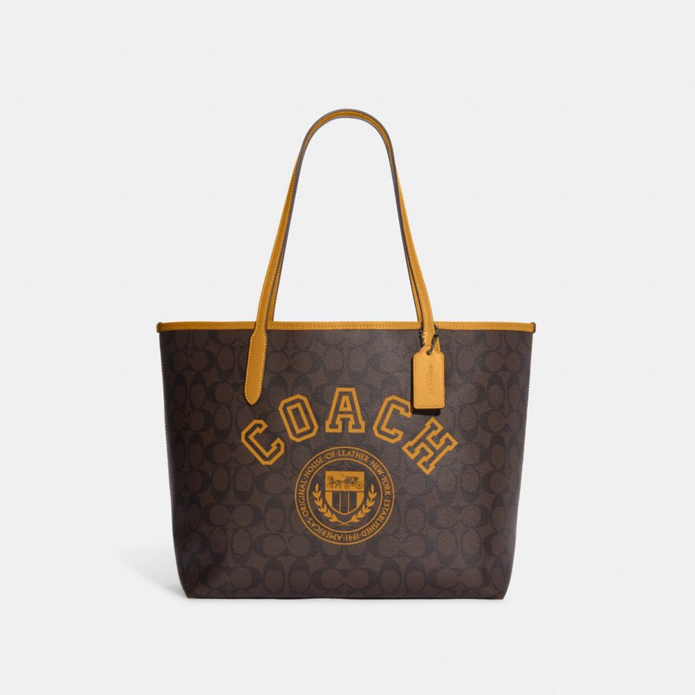 COACH CB869 City Tote In Signature Canvas With Varsity Motif QB/BROWN/BUTTERCUP