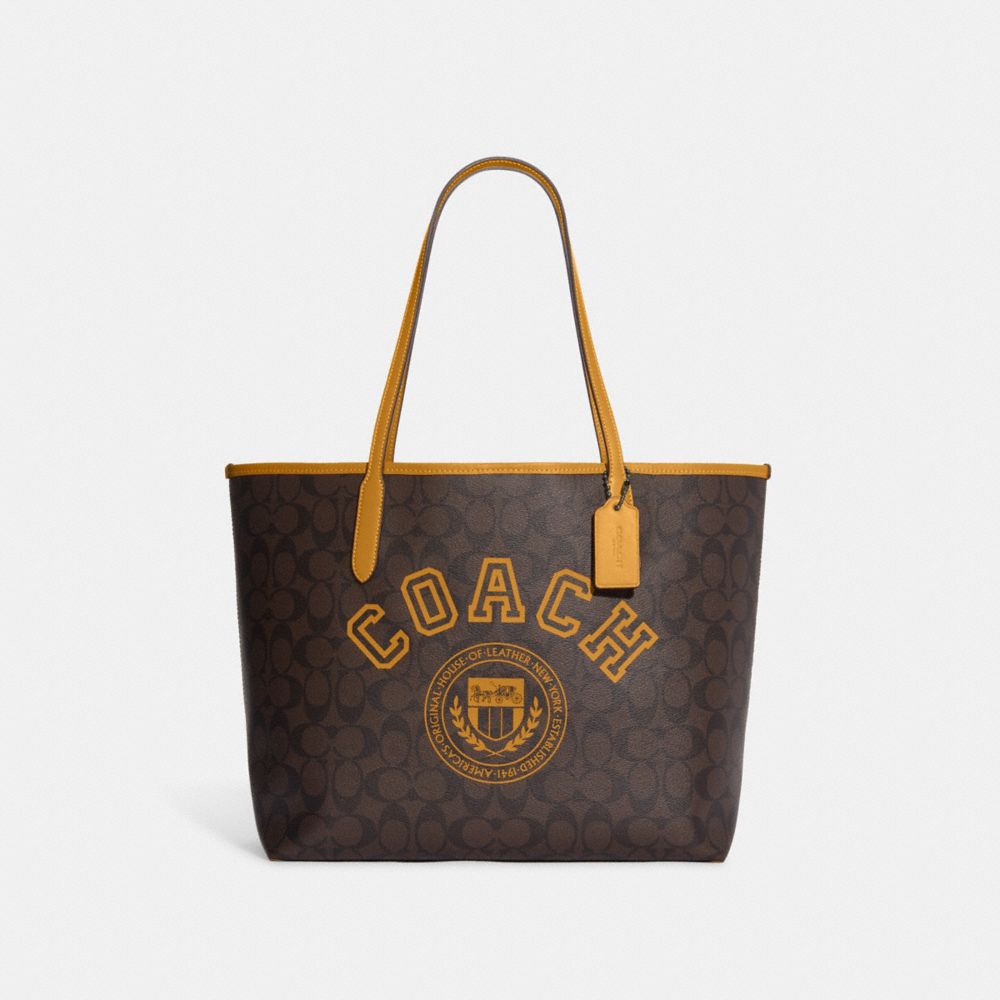 COACH CB869 City Tote In Signature Canvas With Varsity Motif QB/Brown/Buttercup