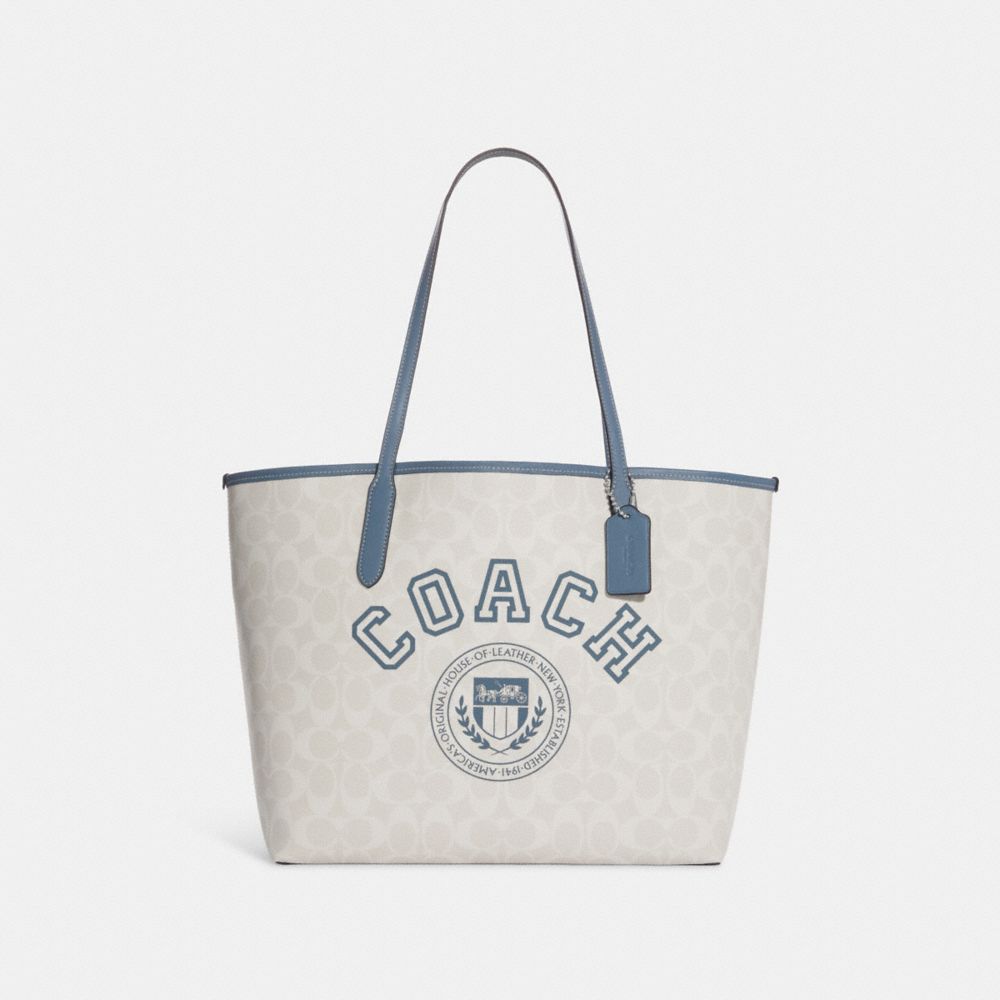 COACH CB869 City Tote In Signature Canvas With Varsity Motif SV/CHALK/INDIGO