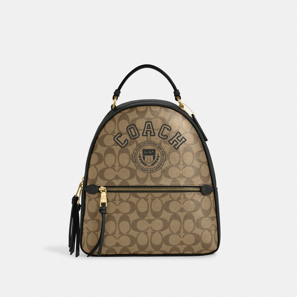 COACH CB871 Jordyn Backpack In Signature Canvas With Varsity Motif GOLD/KHAKI/AMAZON GREEN