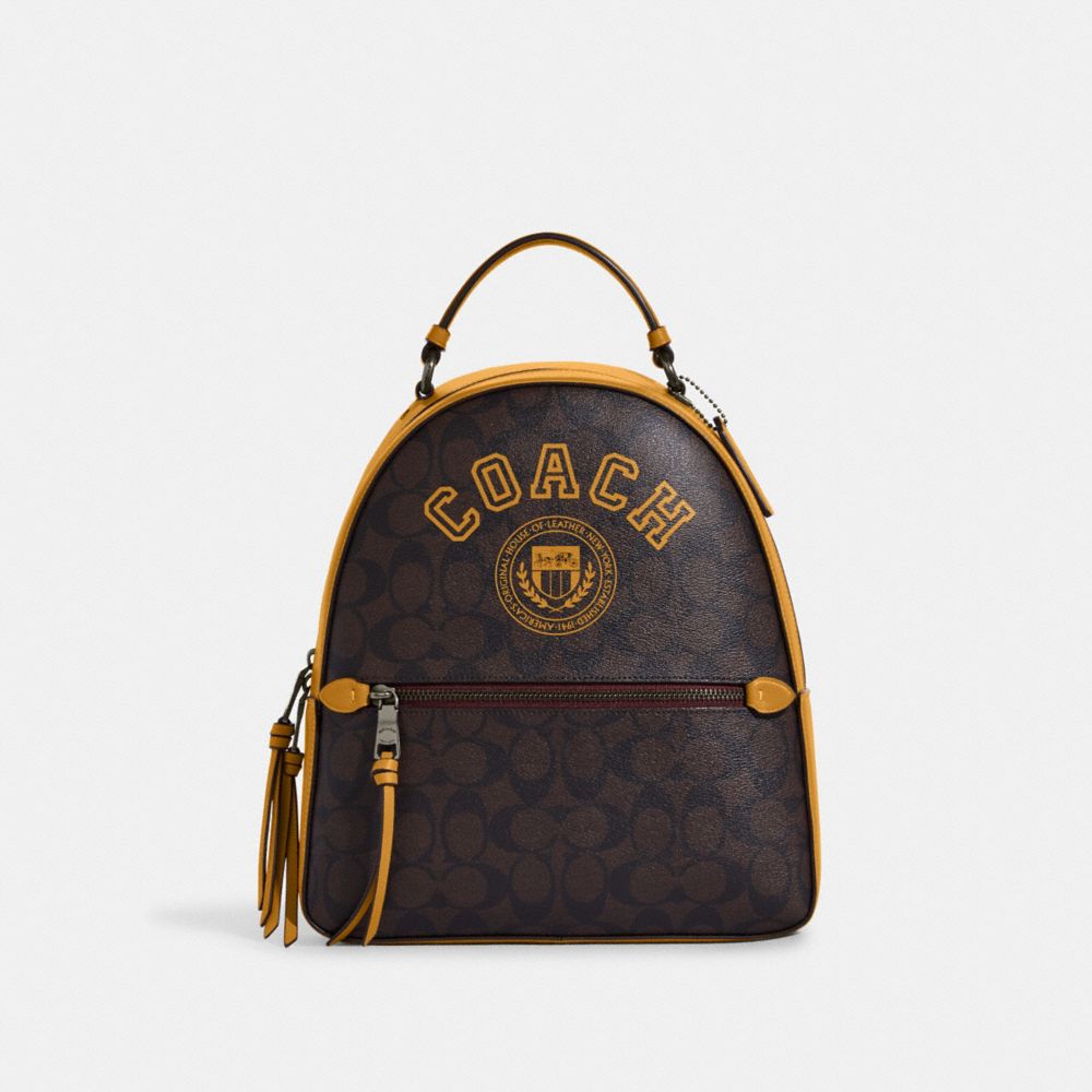 COACH CB871 Jordyn Backpack In Signature Canvas With Varsity Motif QB/Brown/Buttercup