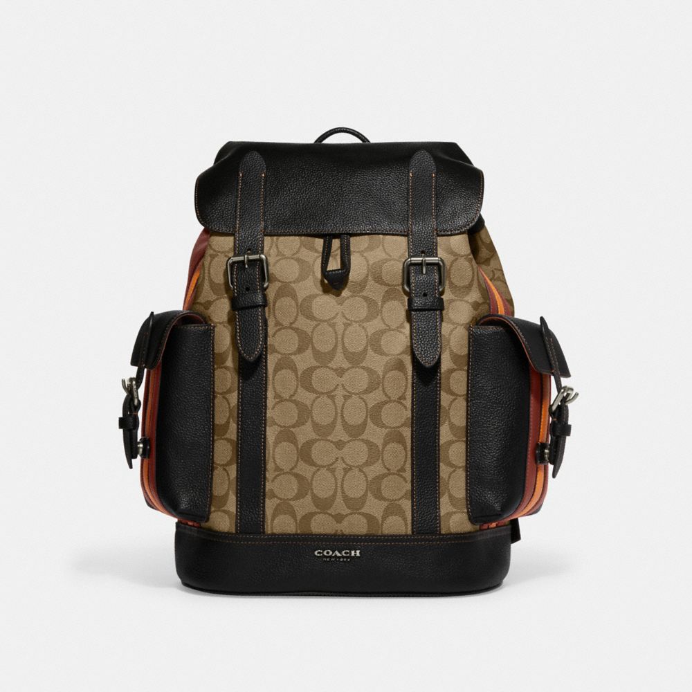 Hudson Backpack In Signature Canvas With Varsity Stripe - CB902 - QB/Khaki/Terracotta Multi