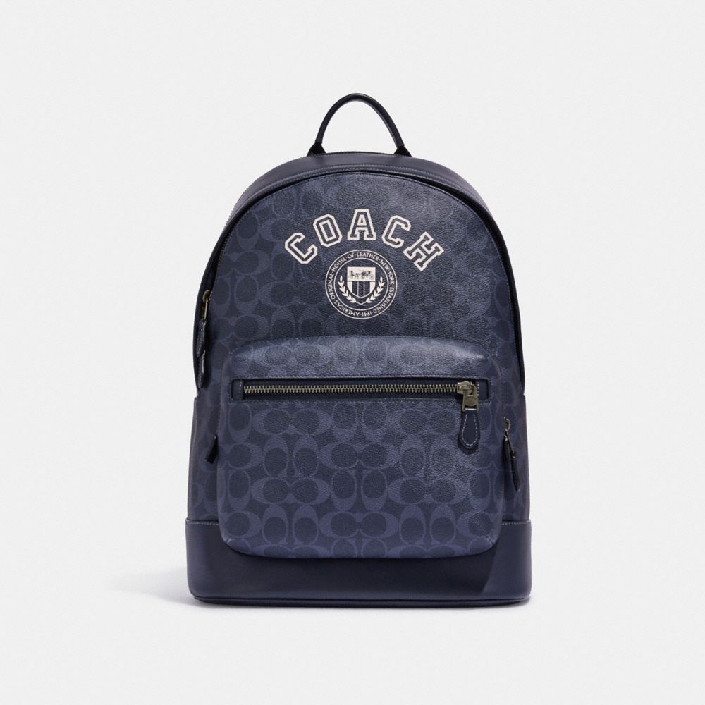 COACH CB909 West Backpack In Signature Canvas With Varsity Motif QB/Denim/Chalk