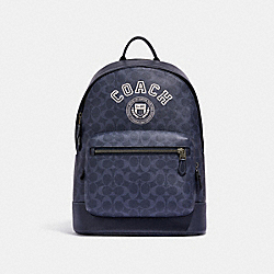 West Backpack In Signature Canvas With Varsity Motif - CB909 - QB/Denim/Chalk