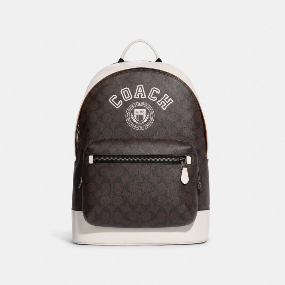 COACH CB909 West Backpack In Signature Canvas With Varsity Motif QB/Mahogany/Chalk