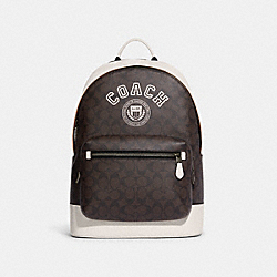COACH CB909 West Backpack In Signature Canvas With Varsity Motif QB/MAHOGANY/CHALK
