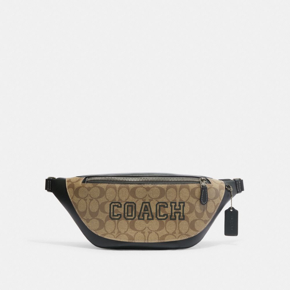 Warren Belt Bag In Signature Canvas With Varsity Motif - CB912 - Black Antique Nickel/Khaki/Amazon Green