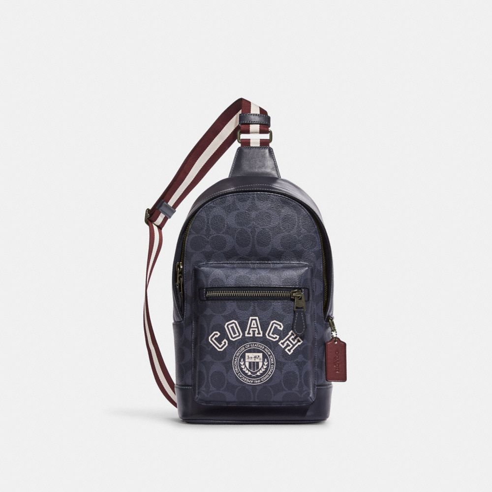 West Pack In Signature Canvas With Varsity Motif - CB913 - Black Antique Nickel/Denim/Chalk