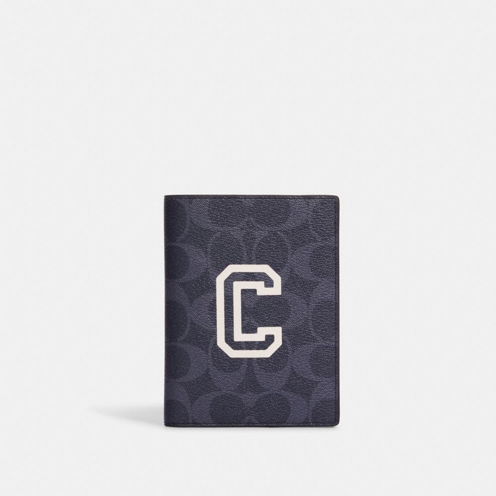 Passport Case In Signature Canvas With Varsity Motif - CB919 - QB/Denim/Chalk