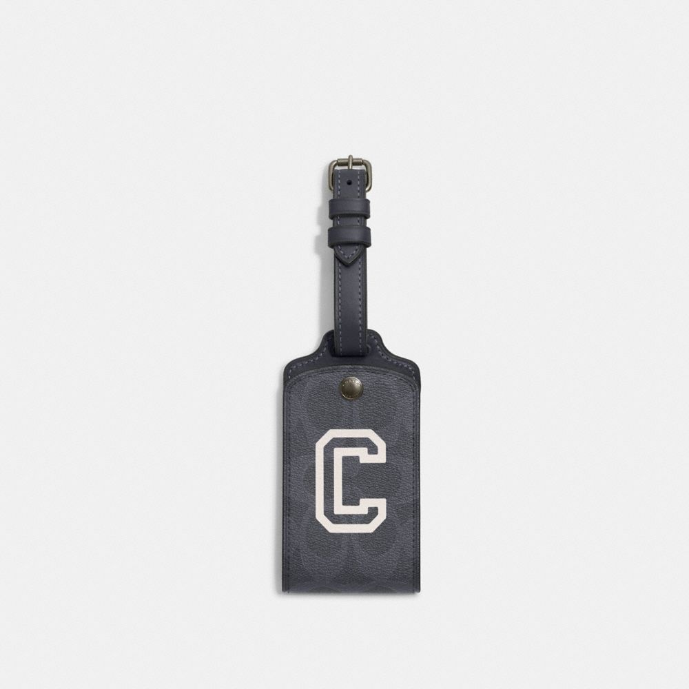 COACH CB921 Luggage Tag In Signature Canvas With Varsity Motif QB/Denim/Chalk