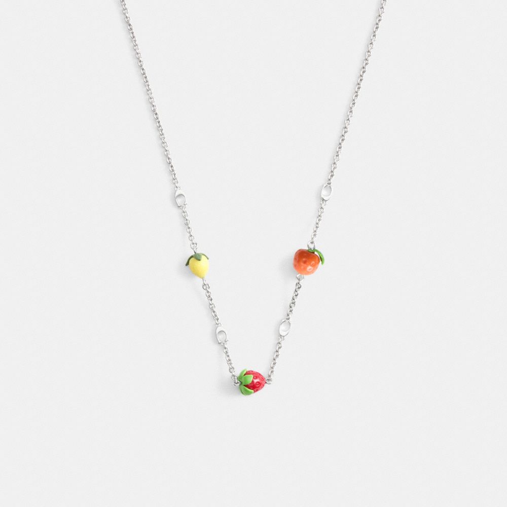 COACH&reg;,Fruit Charm Necklace,Single Strand,Cubic Zirconia,Resin,3D Embellishment,Food Embellishment,Logo,Brass,Casual,Multi Color,Front View
