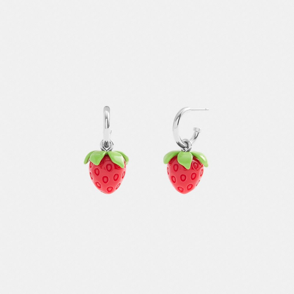COACH CBB24 Strawberry Huggie Earrings SILVER/RED