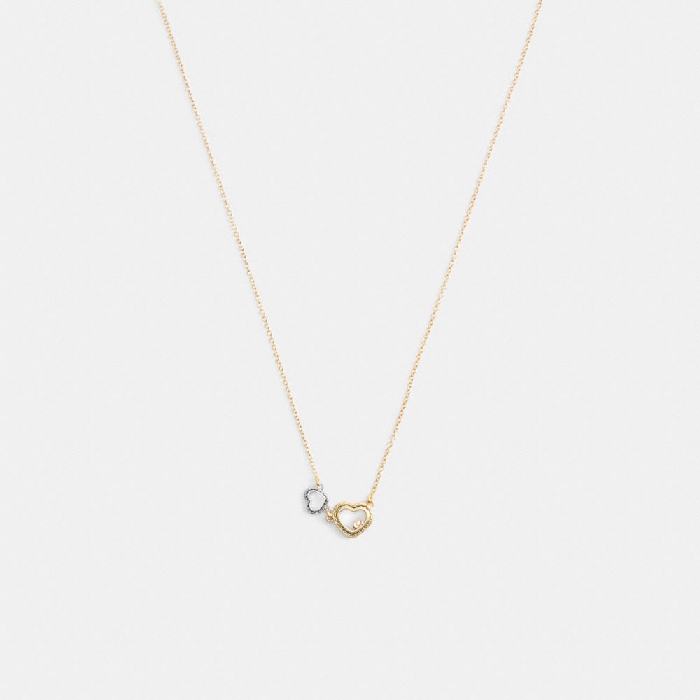 COACH&reg;,Double Stitched Hearts Pendant Necklace,Single Strand,Cubic Zirconia,Glass,Cut Out,Gem Embellishment,Heart Embellis...,Clear,Front View
