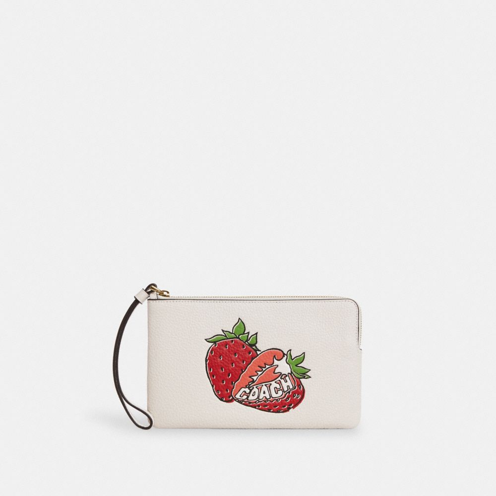 COACH CBB79 Large Corner Zip Wristlet With Strawberry Graphic GOLD/CHALK MULTI