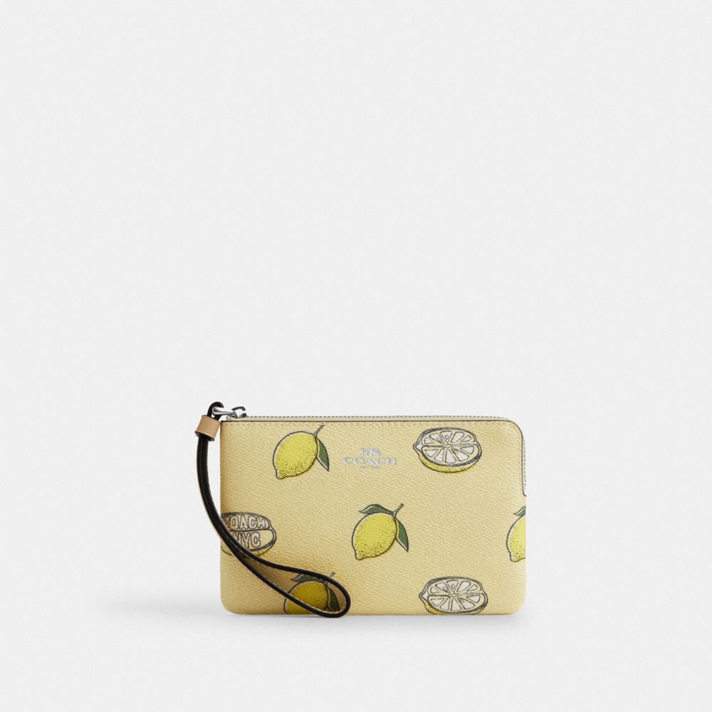 COACH CBB80 Corner Zip Wristlet With Lemon Print SV/GARDEN GLADE MULTI