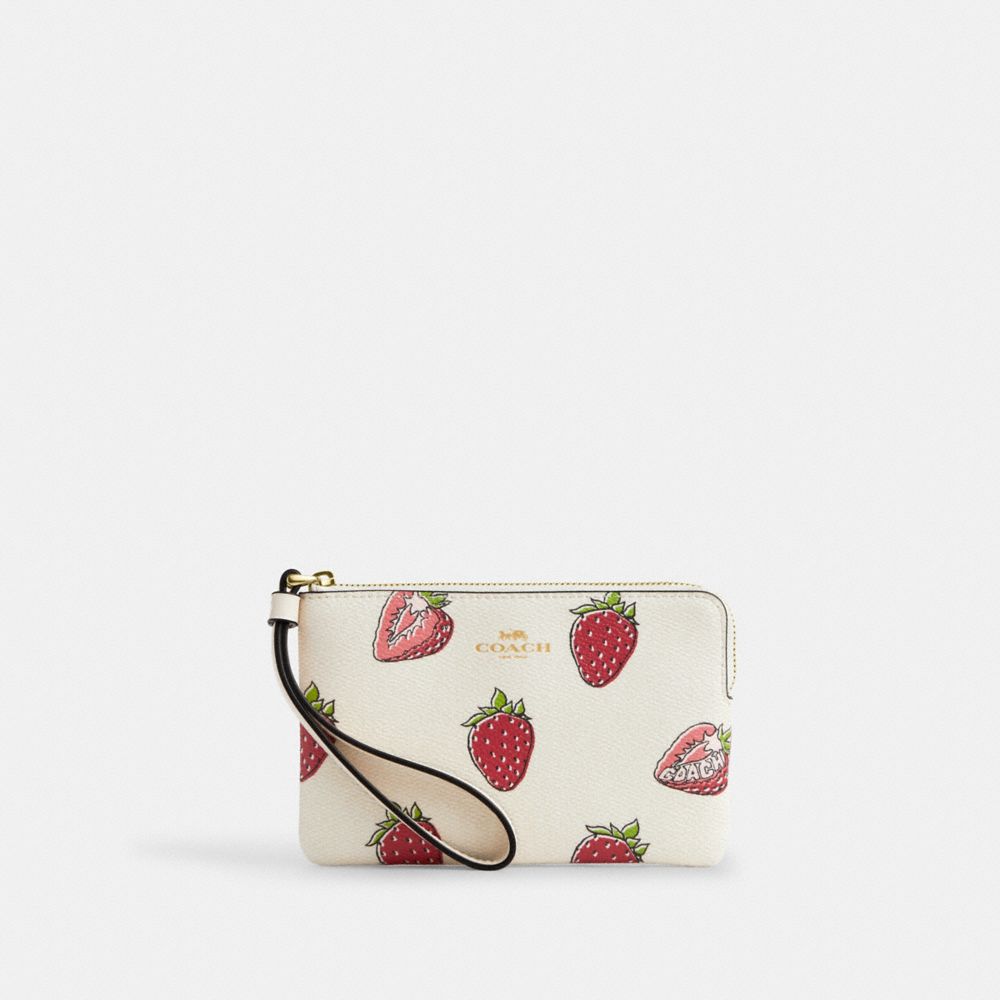 COACH CBB81 Corner Zip Wristlet With Strawberry Print GOLD/CHALK MULTI