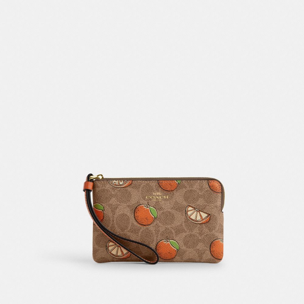 COACH CBB82 Corner Zip Wristlet In Signature Canvas With Orange Print GOLD/TAN MULTI