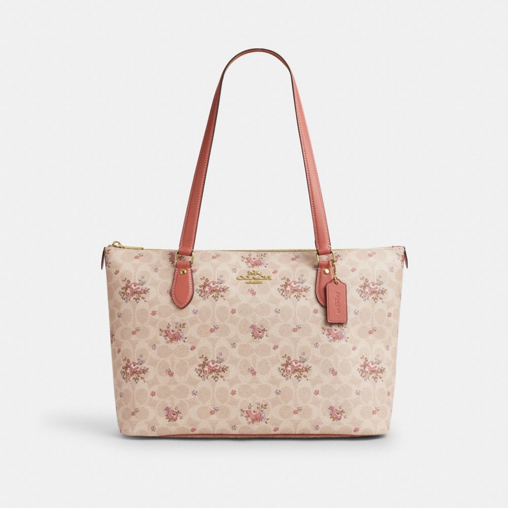 Gallery Tote Bag In Signature Canvas With Floral Print - CBF10 - Gold/Sand Multi