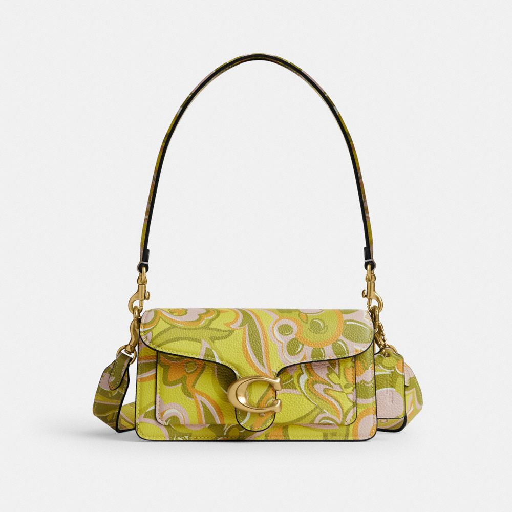 COACH&reg;,Tabby Shoulder Bag 20 With Paisley Print,Leather,Shoulder Bag,Tag Embellishment,Metal,Logo,Gold Metal,Casual,Olive,Front View