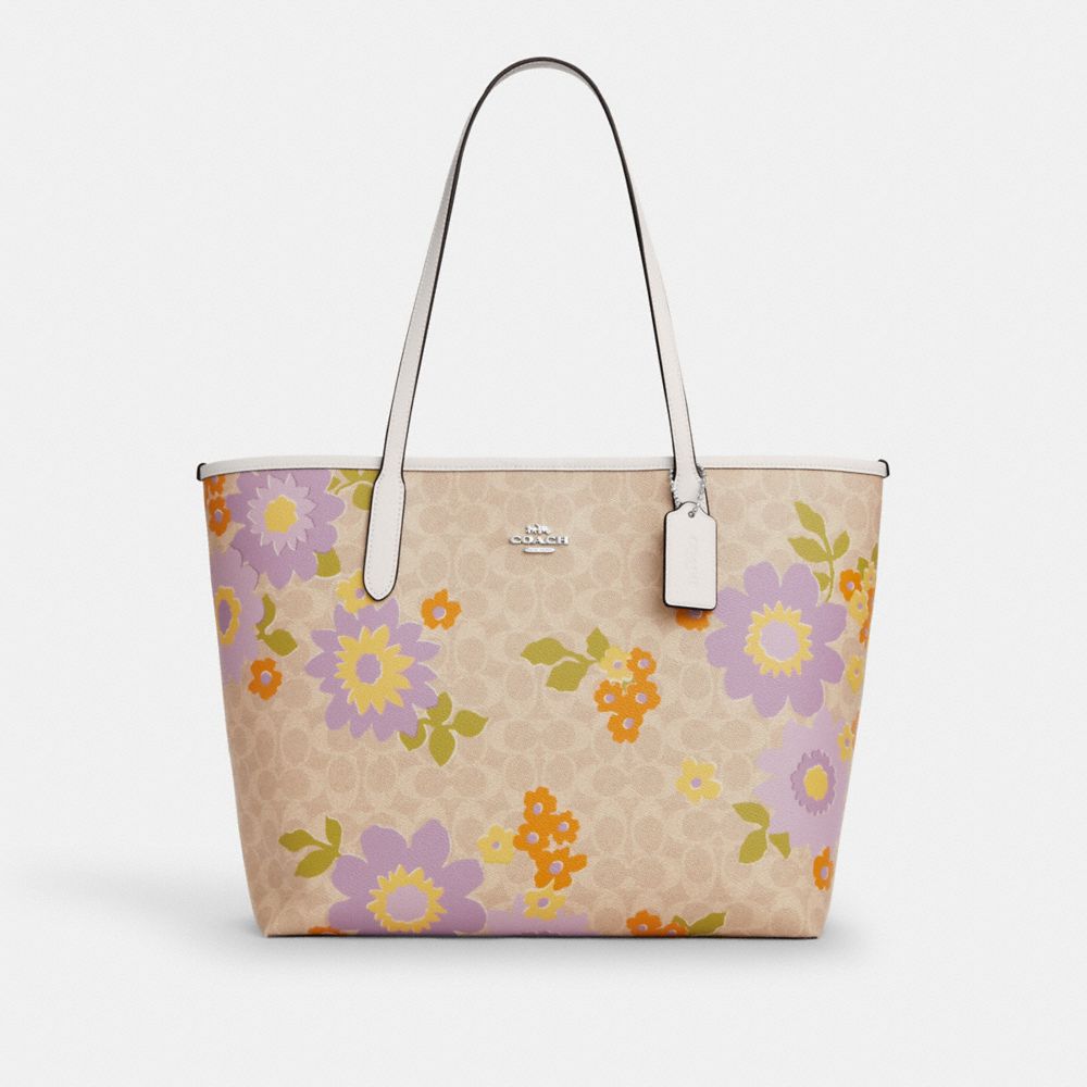 City Tote Bag In Signature Canvas With Floral Print - CBG71 - Silver/Sand Multi