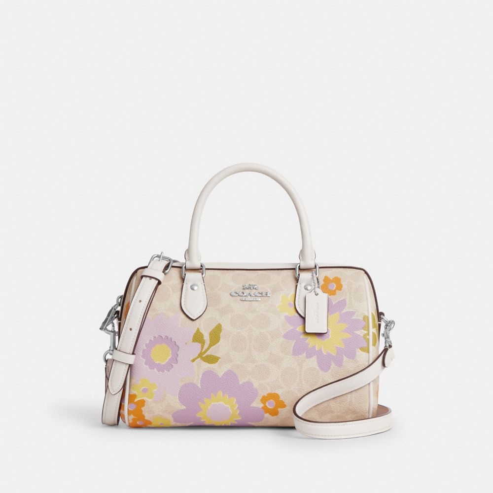 Rowan Satchel Bag In Signature Canvas With Floral Print - CBG72 - Silver/Sand Multi