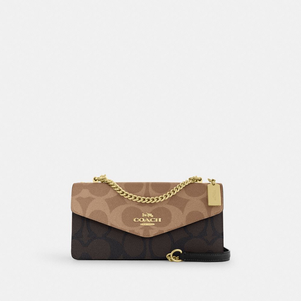 Klare Envelope Crossbody Bag In Blocked Signature Canvas - CBI99 - Gold/Walnut/Tan
