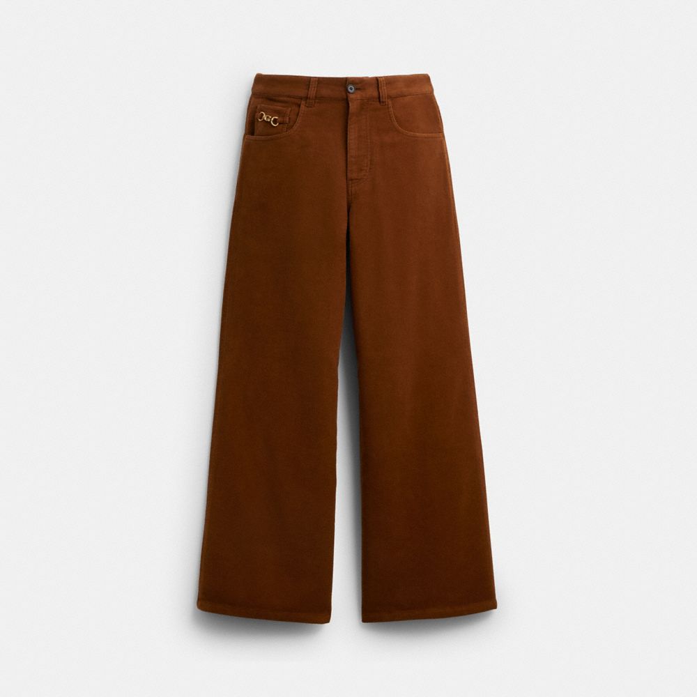 COACH&reg;,Moleskin Pants,Cotton,Straight,Wide Leg,Metal,Embellished,Breathable,Day Party,Brown,Front View