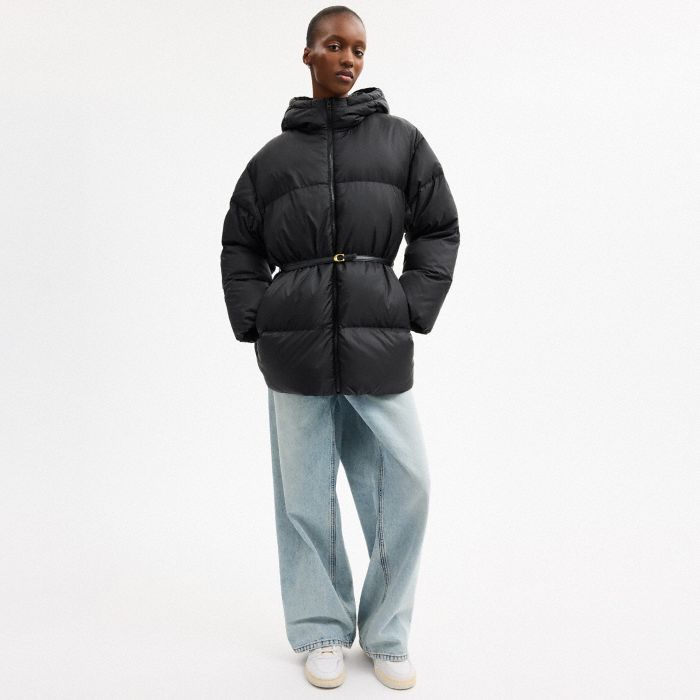 皮帶中長版羽絨外套