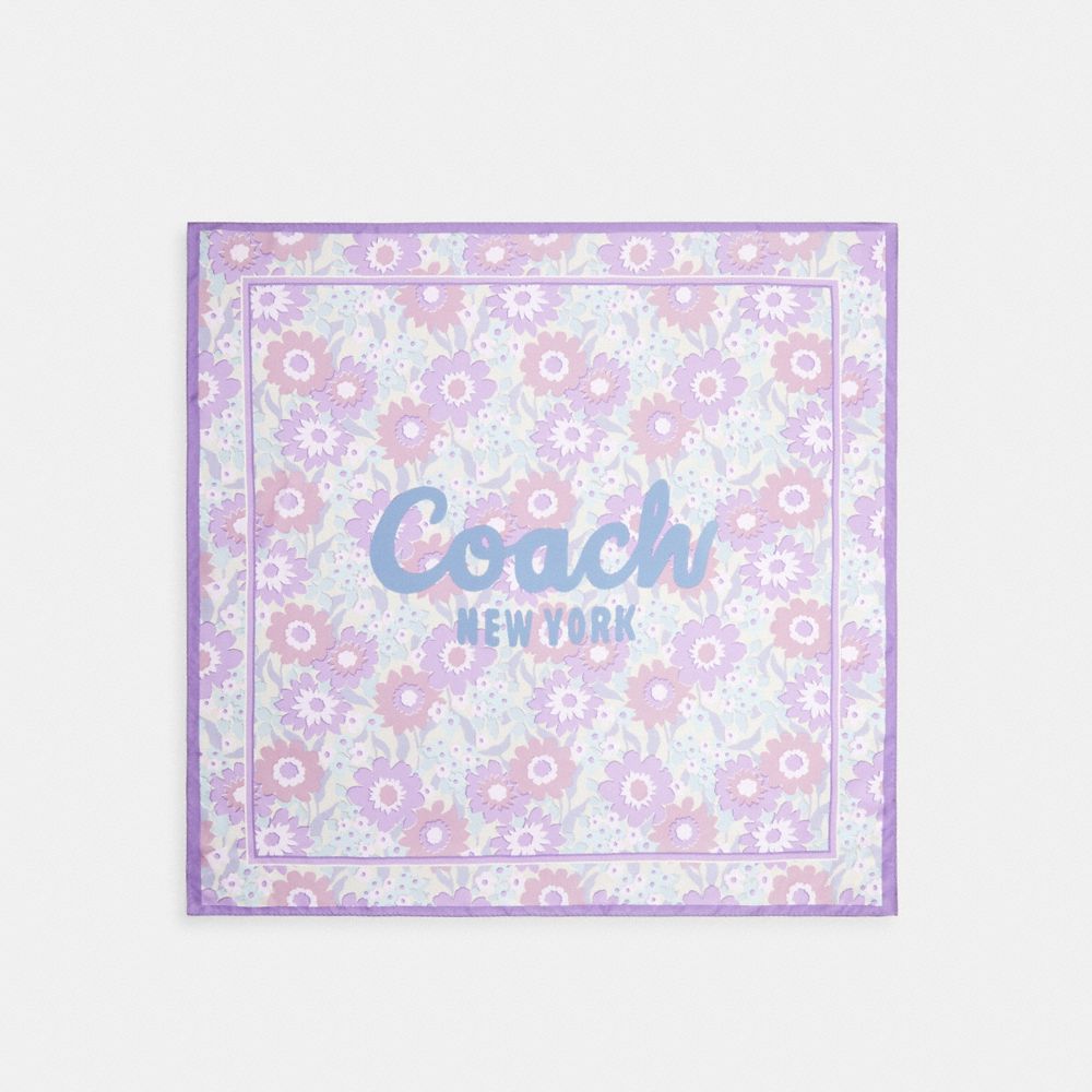 COACH&reg;,Coach Script Floral Print Silk Square Scarf,Silk,Square,Piping,Stripe,Casual,Multi Color,Front View