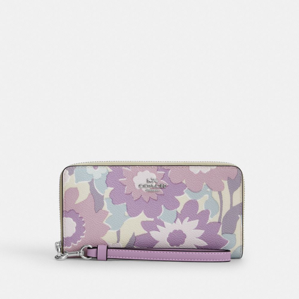 COACH CBN95 Long Zip Around Wallet With Floral Print SV/IVORY/PURPLE MULTI
