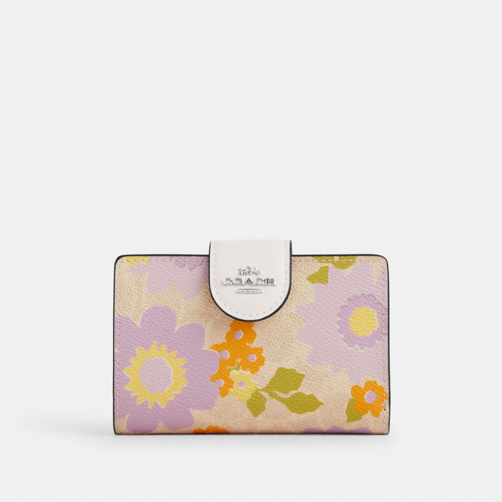 Medium Corner Zip Wallet In Signature Canvas With Floral Print - CBO30 - Silver/Sand Multi