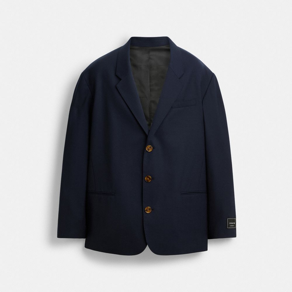 COACH&reg;,Three Button Blazer,Wool,Viscose,Polyester,Sports Coat,Logo,Word Embellishment,Tag Embellishment,Business Casual,Navy,Front View