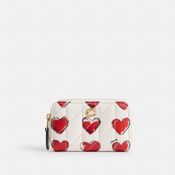 ESSENTIAL SMALL ZIP AROUND CARD CASE WITH QUILTING AND HEART PRINT