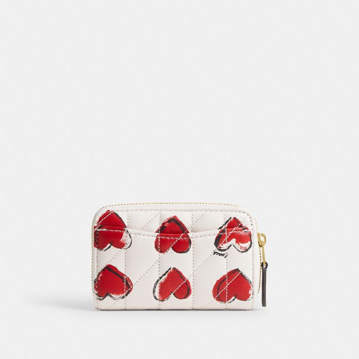 ESSENTIAL SMALL ZIP AROUND CARD CASE WITH QUILTING AND HEART PRINT