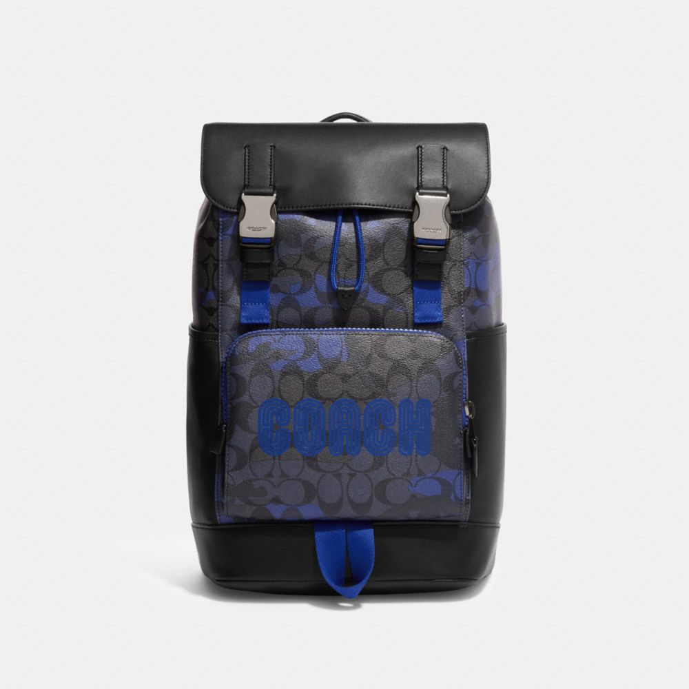 COACH CC016 Track Backpack In Signature Canvas With Camo Print And Coach Patch GUNMETAL/CHARCOAL/SPORT BLUE MULTI