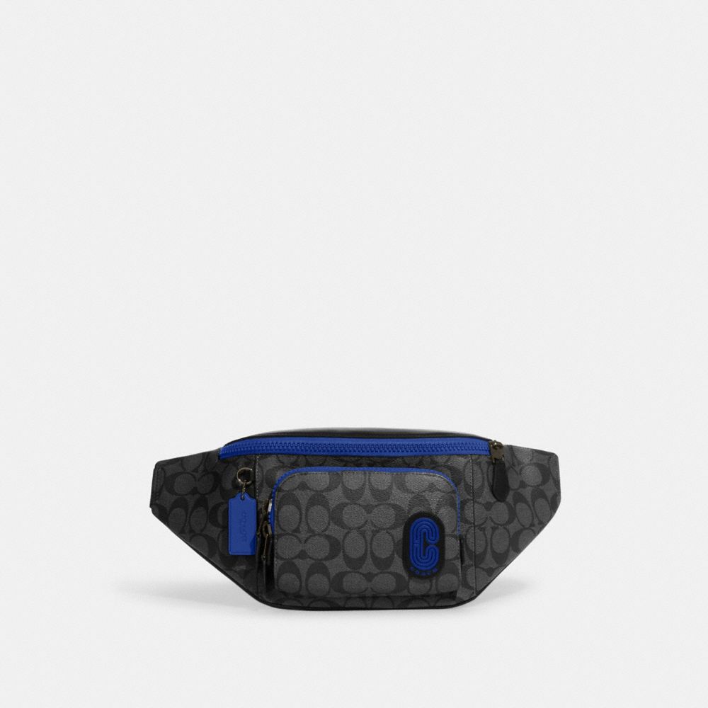 COACH CC019 Track Belt Bag In Signature Canvas With Coach Patch Gunmetal/Charcoal/Sport Blue