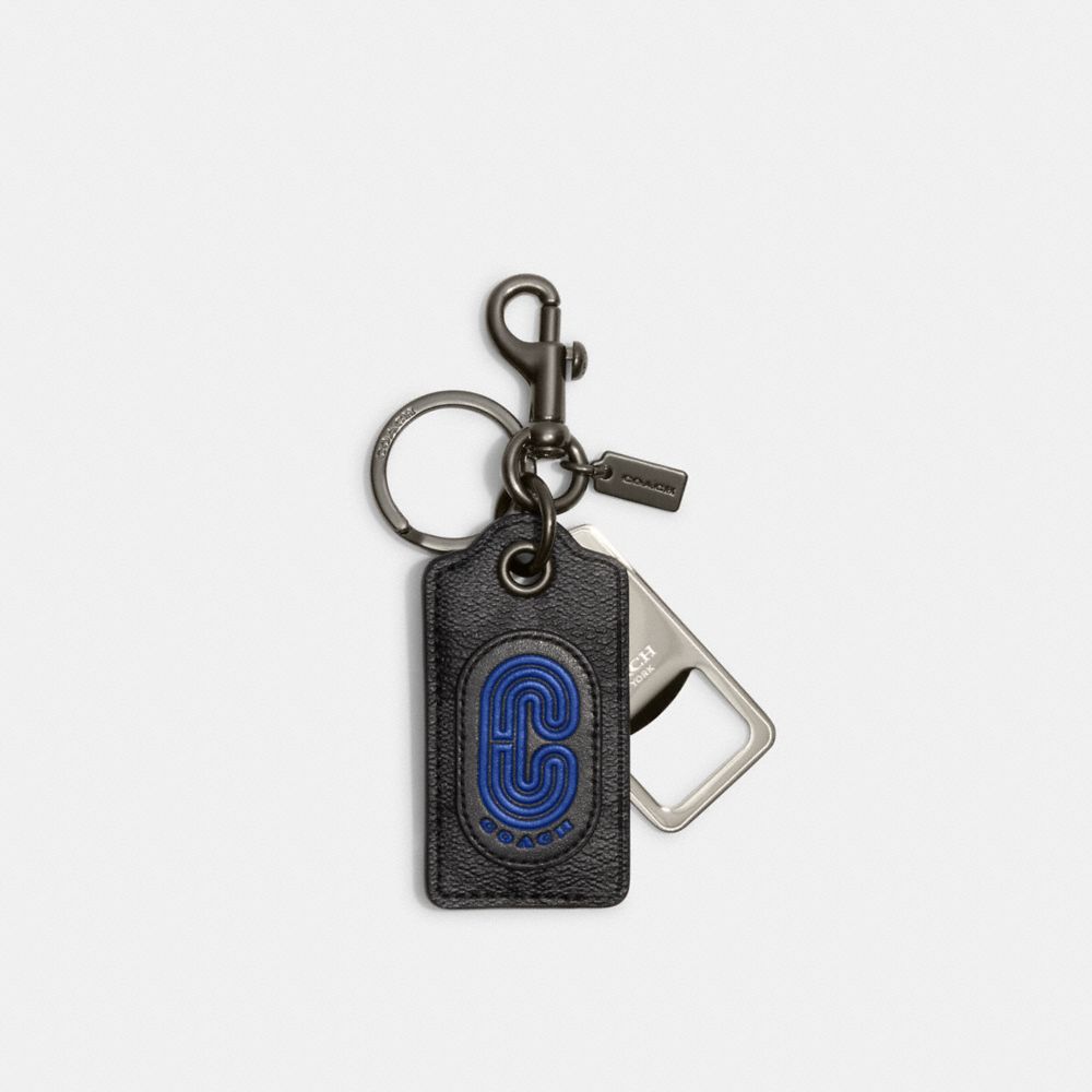 COACH CC023 Bottle Opener Key Fob In Signature Canvas With Coach Patch Gunmetal/Charcoal/Sport Blue Multi