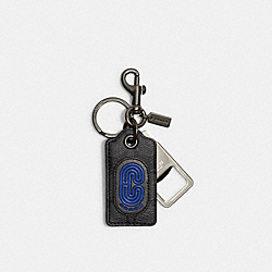 COACH CC023 Bottle Opener Key Fob In Signature Canvas With Coach Patch GUNMETAL/CHARCOAL/SPORT BLUE MULTI