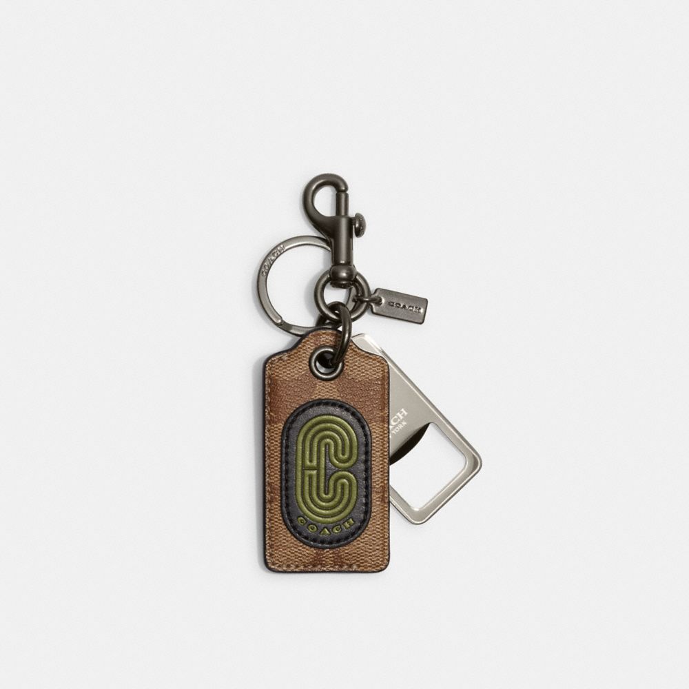 COACH CC023 Bottle Opener Key Fob In Signature Canvas With Coach Patch QB/Khaki/Olive Green