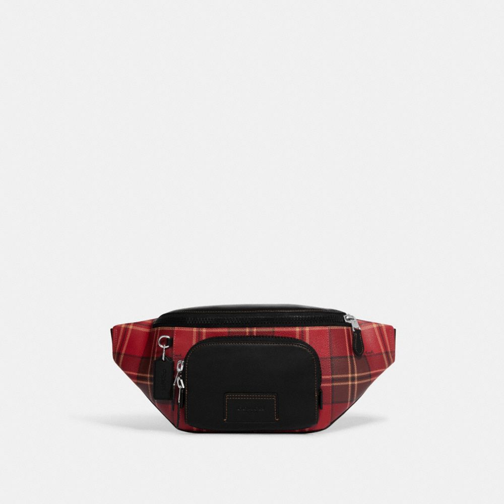 COACH CC031 Track Belt Bag With Tartan Plaid Print SV/RED/BLACK MULTI