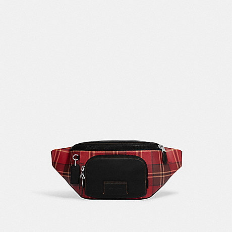 COACH CC031 Track Belt Bag With Tartan Plaid Print SV/Red/Black Multi