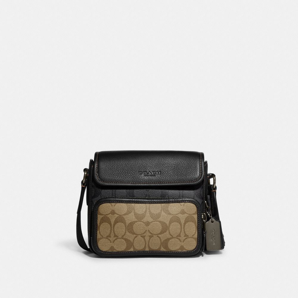 COACH CC032 Sullivan Flap Crossbody In Blocked Signature Canvas Gunmetal/Khaki/Charcoal