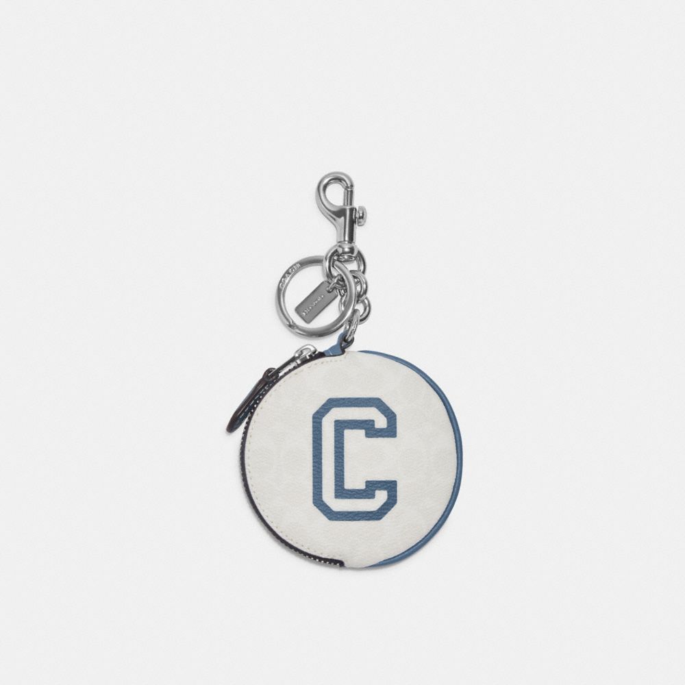 COACH CC049 Circular Coin Pouch In Signature Canvas With Varsity Motif SV/Chalk/Indigo