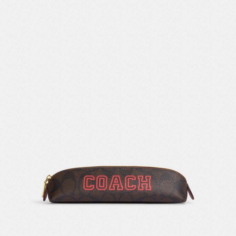 COACH CC054 Pencil Case In Signature Canvas With Varsity Motif IM/BROWN WATERMELON