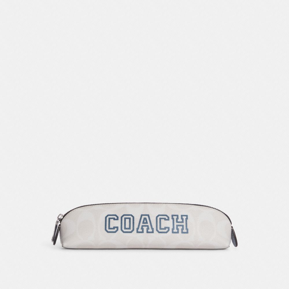 COACH CC054 Pencil Case In Signature Canvas With Varsity Motif SV/CHALK/INDIGO