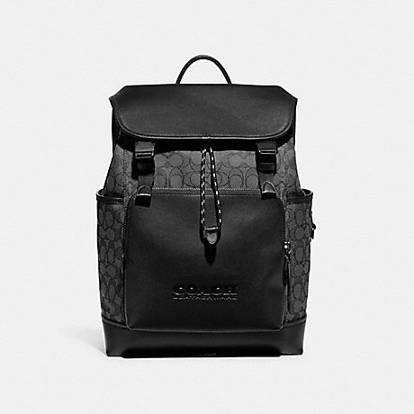 COACH CC071 League Flap Backpack In Signature Jacquard Charcoal/Black